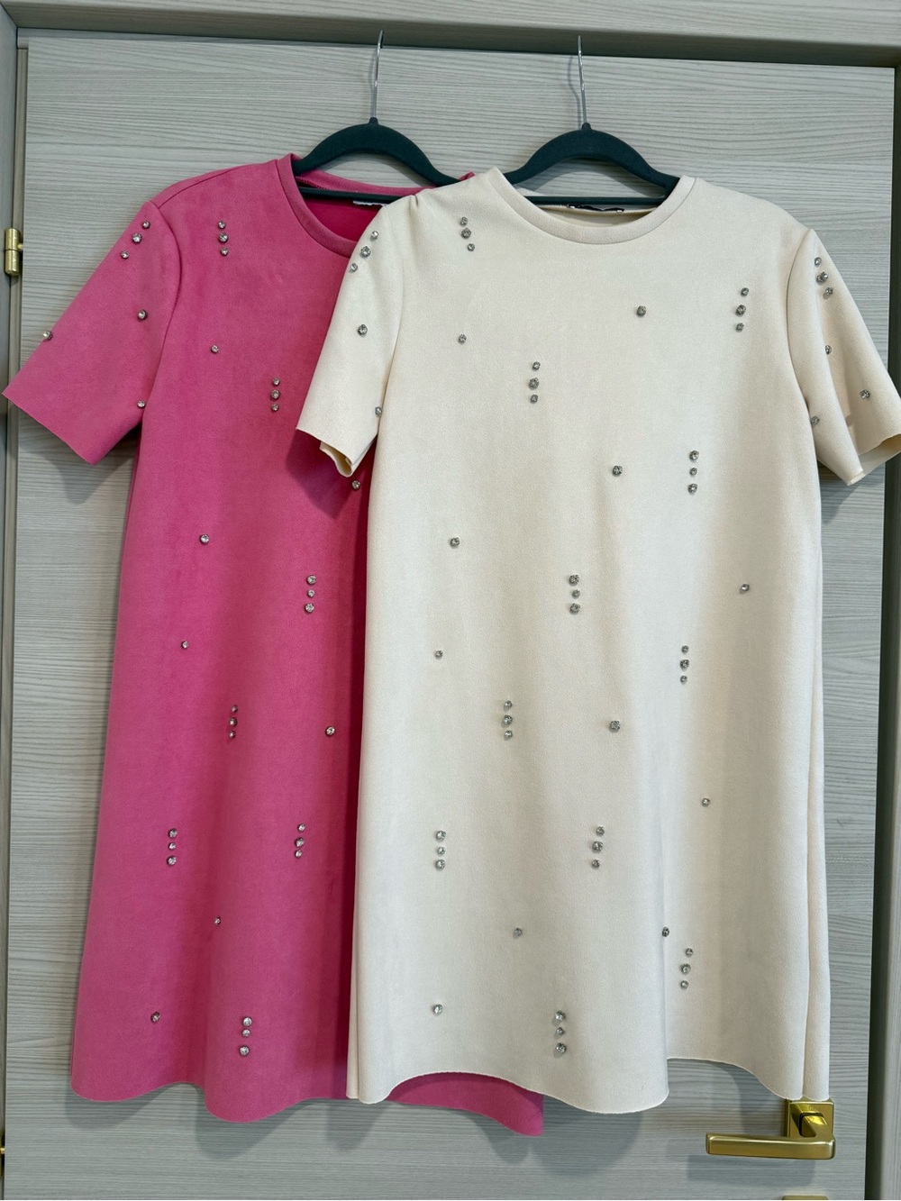 Zara Faux Suede Studded Short Sleeve Shift Dress - Pink & Cream (2)